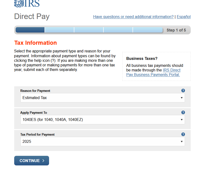 Screenshot of IRS extension payment options to choose.