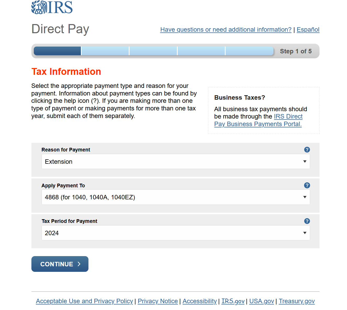 Screenshot of IRS extension payment options to choose.