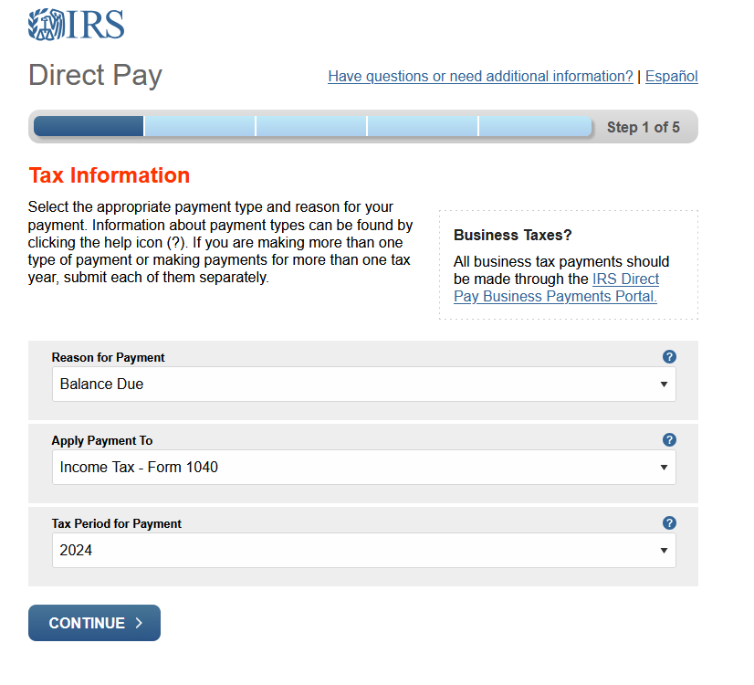 Screenshot of IRS extension payment options to choose.