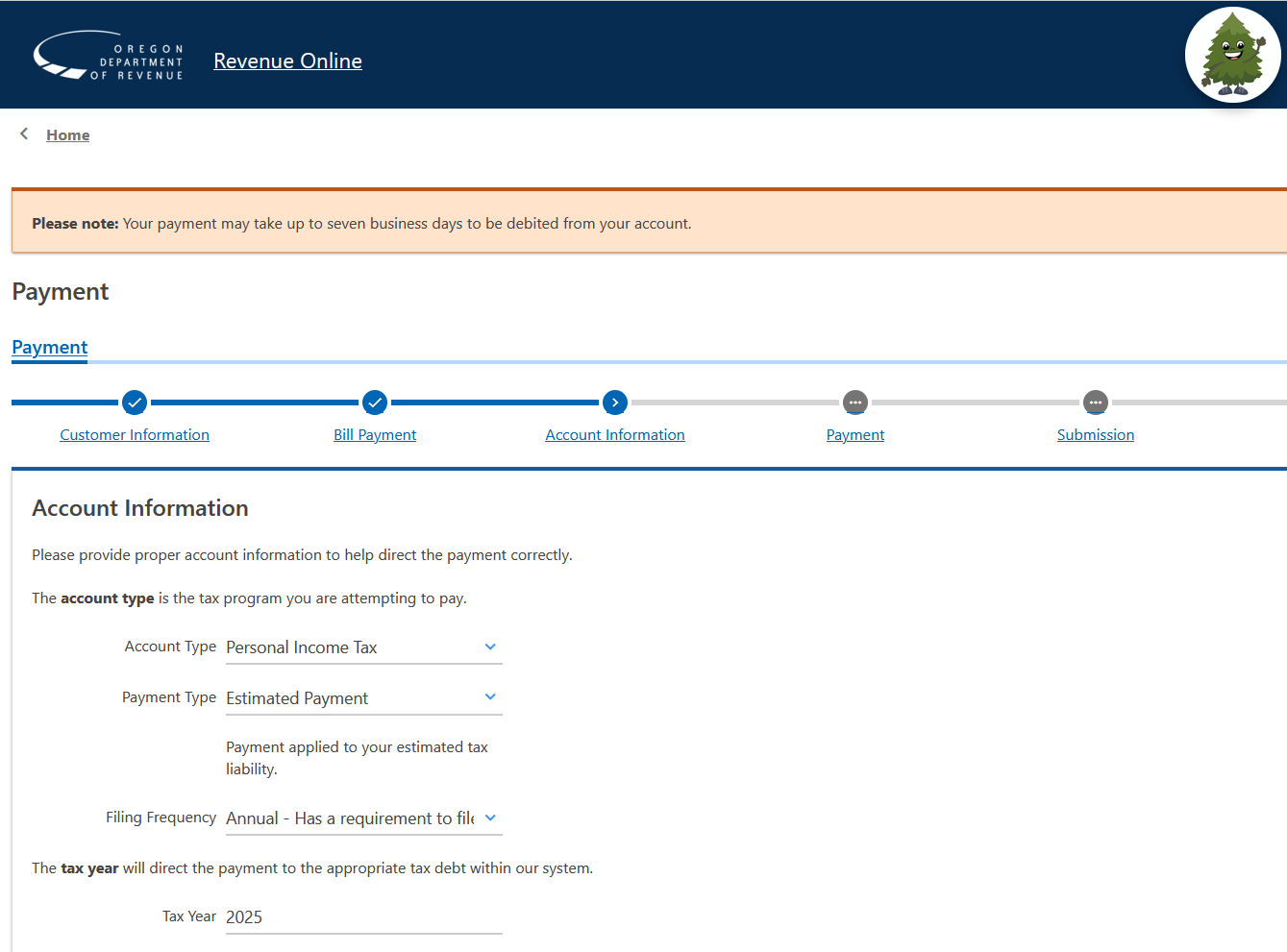 Screenshot of Oregon extension payment options to choose.