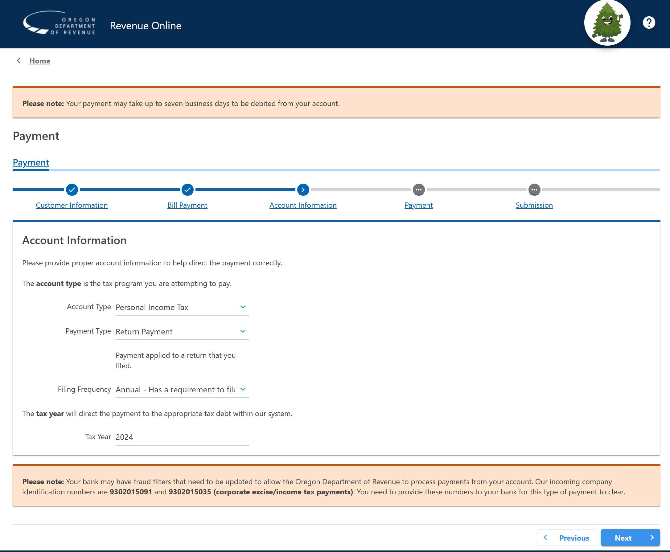 Screenshot of Oregon extension payment options to choose.